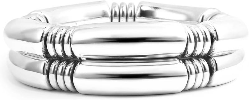 Badu Gold Chunky Bangles Bracelets For Women 14k Gold Plated Stack Layered Curved Bamboo Tube Stretch Bracelets Gift Jewelry - Image 1